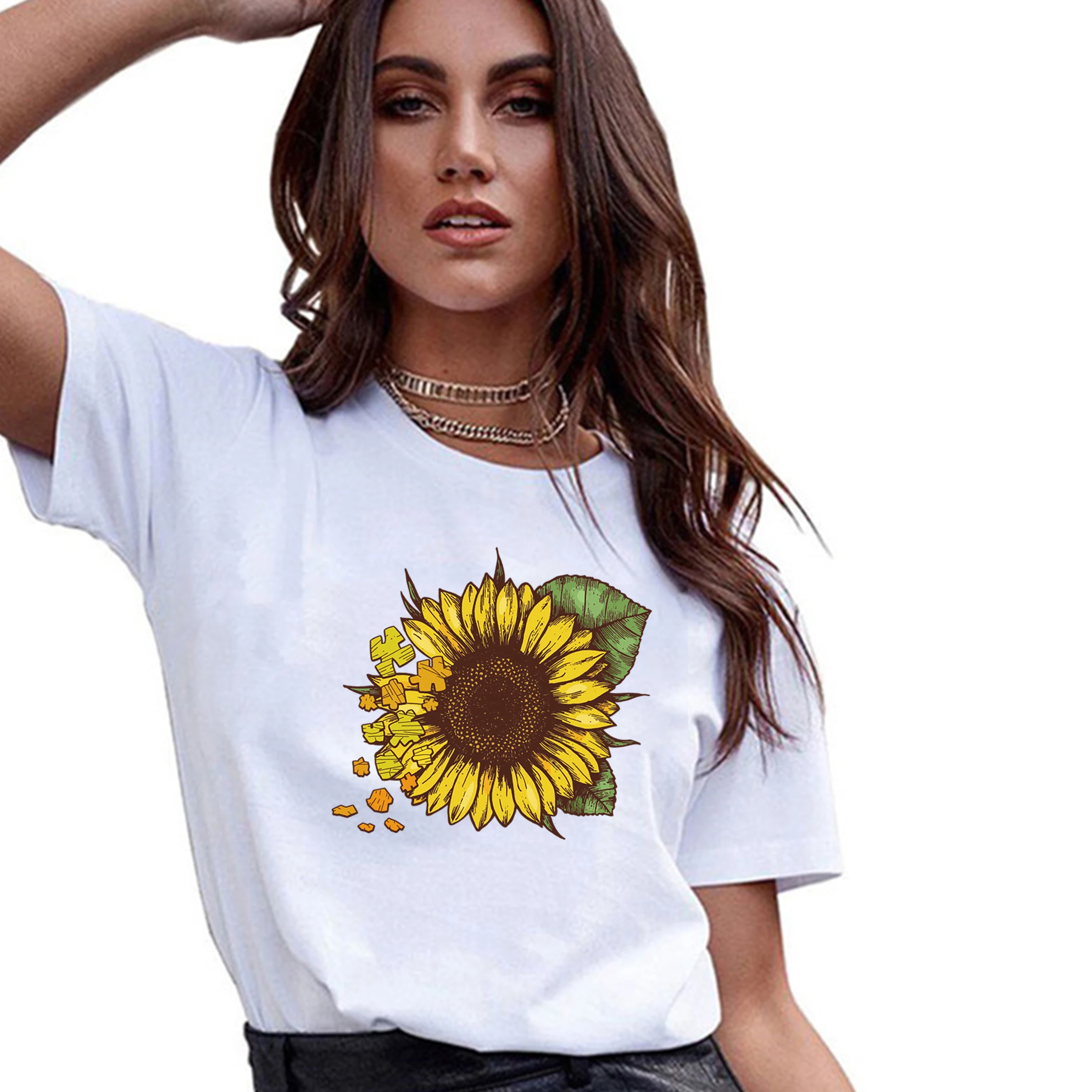 Harajuku Mada Grafinis Tees Moterys Spalvos Kaktusas Sun Flower T-marškinėliai Wome Slim Fit Cute Girl Tshirts Tees & Viršūnės