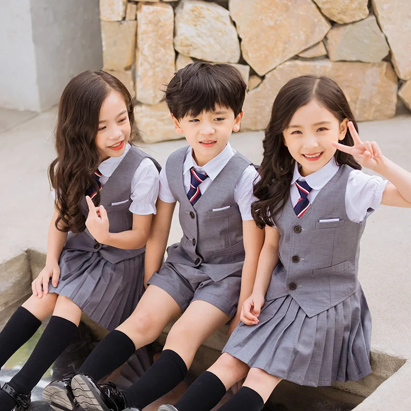 Vaikai korėjos, Japonijos mokyklinę Uniformą, Mergaitės ir Berniukai, Balta Marškinėliai Pilkas Sijonas Šortai, Liemenė, Kaklaraištis, Drabužių Nustatyti Studentų Komplektai