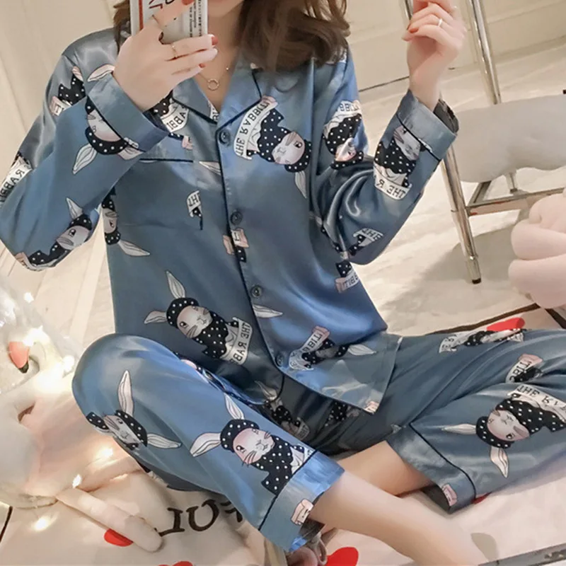 2021 M. Pavasarį Šilko Satino Pižama Nustatyti Moteris Spausdinti Ilgomis Rankovėmis Sleepwear Pijamas Kostiumas Moterų Miego Dviejų Dalių Loungewear Plius Dydis