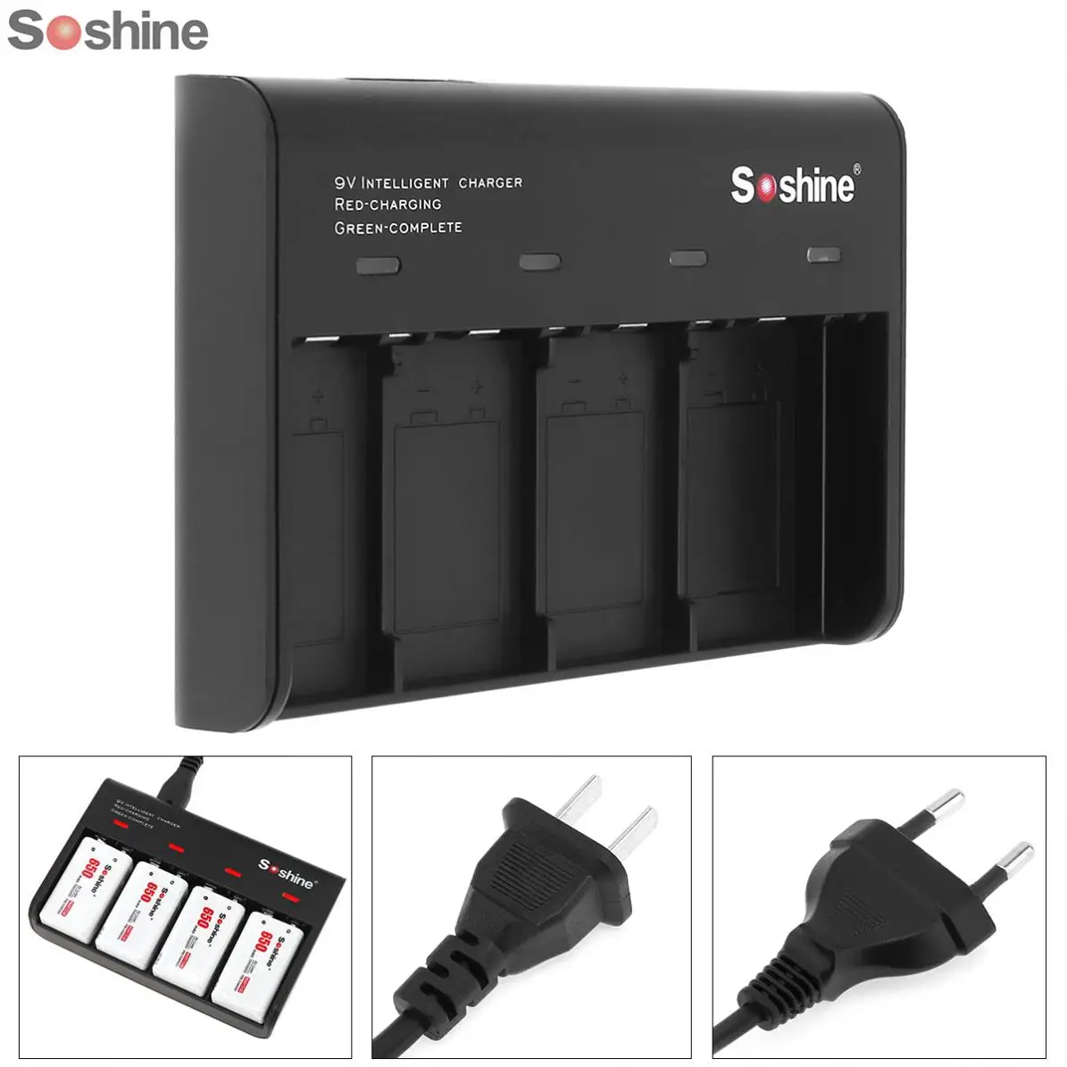 Pardavimo Soshine Juoda 4 Slots Smart Baterijų Kroviklis su LED Indikatoriumi 9V Li-ion / Ni-MH / LiFePO4 Akumuliatoriai