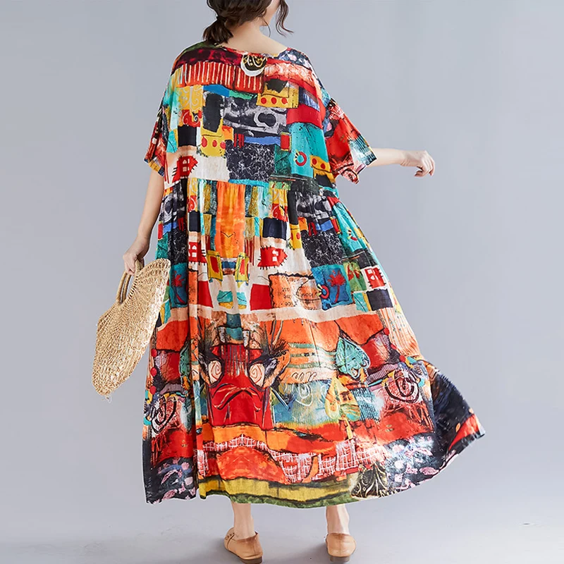 Plius Dydis Moterys Vasarą Boho Suknelė Medvilnės Skalbiniai Gėlių Spausdinti Ponios Suknelės Atsitiktinis Ilgai Bohemijos Paplūdimio Suknelė 2019 4XL 5XL 6XL