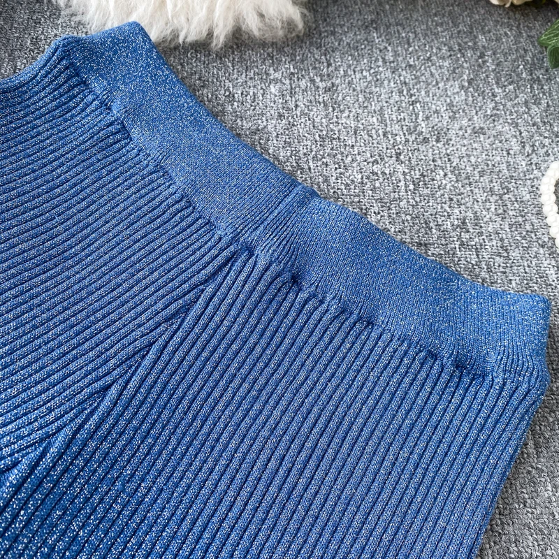 Moterų aukšto juosmens ryškios šilko mezgimo maišelį klubo sijonas, dviejų dalių mados V-kaklo džemperis šikšnosparnių rankovėmis dviejų dalių Moterų Rinkiniai JP127
