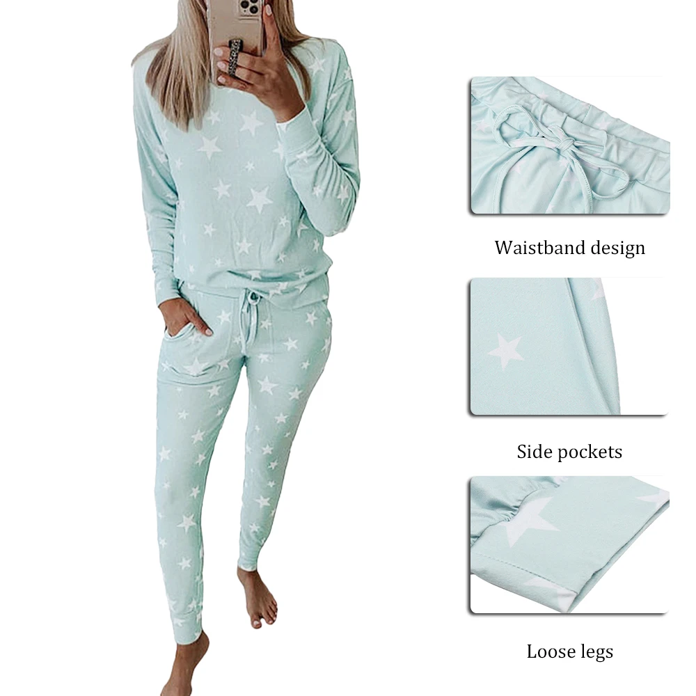 2020 Moterų Pižama Kostiumas Rudenį Naujų Plonas Star Spausdinti Ilgomis Rankovėmis Mielas Sleepwear Atsitiktinis Homewear Moteriškos Pižamos Dviejų Dalių Komplektas