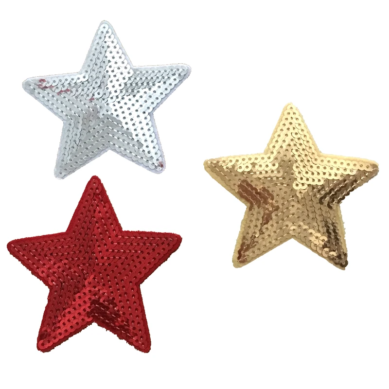Raudona/Aukso/Sidabro Žvaigždžių Blizgučiais Geležies Lopai Drabužių, Rankinės 9x8.5 cm Blizgančiais Penkių Žvaigždučių Siuvinėjimas, Aplikacijos 10vnt/daug