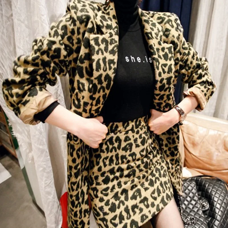 ZAWFL 2020 m. rudens ir žiemos vakarų stiliaus laisvas, leopardas spausdinimui vilnonis kostiumas striukė mados high-end trumpas sijonas dviejų dalių kostiumas