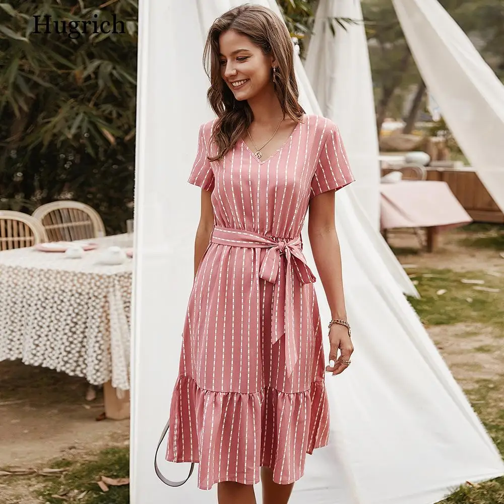 Vasaros Suknelės Moterims 2020 Elegantiškas V-kaklo Atsitiktinis-Line Midi Suknelė Vintage Rožinė Geltona Dryžuota Varčias, Nėriniai-up Sundress Veatidos