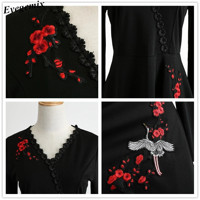 Moterų Derlius Žiemos Dress Siuvinėjimo Gėlių Sūpynės, Rockabilly Retro Suknelė Šalis Vestidos 50S 60S ilgomis Rankovėmis Suknelės 4XL