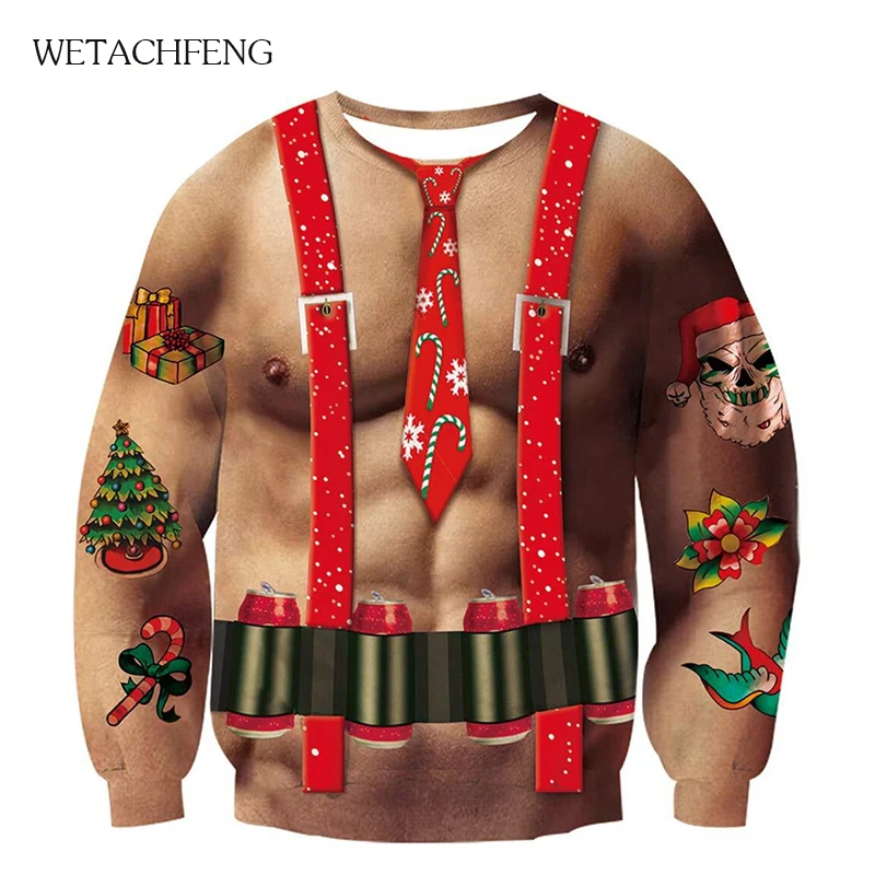 Christams Vyrų Megztinis 3D Raumenų Spausdinti Juokinga Bjaurusis Kalėdų Unisex Džemperis Viršūnes Negabaritinių Rudens Žiemos Porų, Susagstomi megztiniai