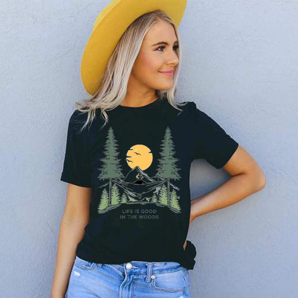 Gyvenimas Yra Geras Miške Saulės ir Mėnulio Grafinis Tee Marškinėliai kalnai kempingas Autsaideris T Shirts Moteris Medvilnės Miško Pėsčiųjų Drabužiai