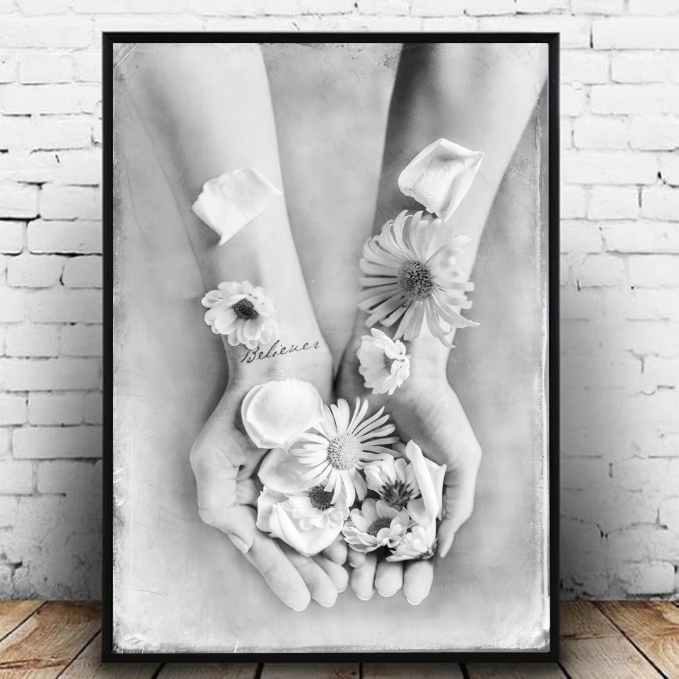 Juoda Balta Rankas Su Plunksna Gėlių Paveikslai Tapyba Abstraktus, Plakatų ir grafikos Šiaurės šalių Sienos paveiksl Kambarį Namų Dekoro