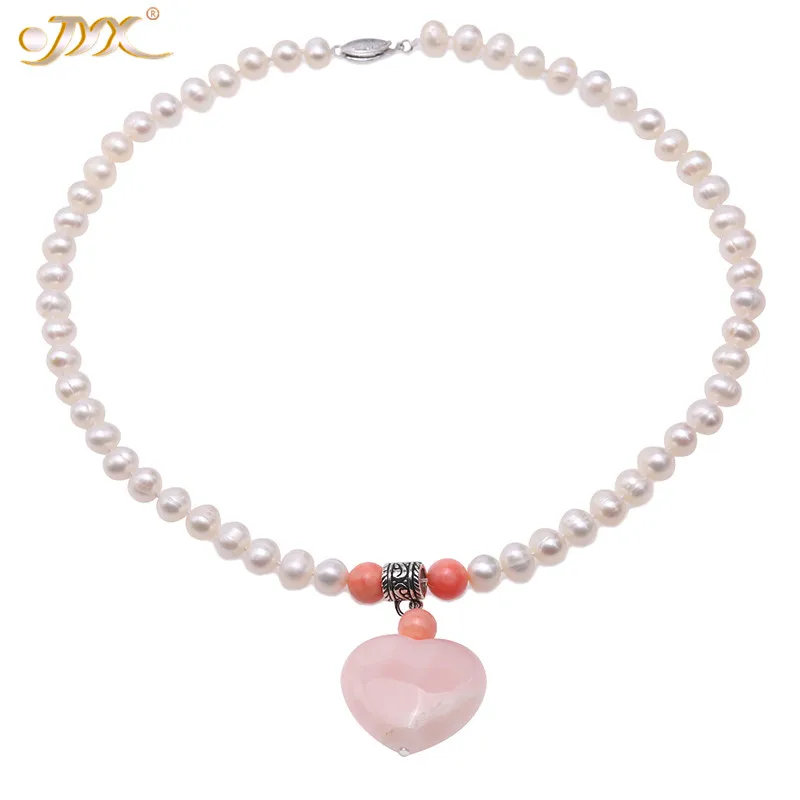JYX 2019 Puikus Širdies kvarcas, perlų karoliai 8mm Baltos spalvos Gėlavandenių Perlų Vėrinį su rožinės spalvos kristalų 17.5