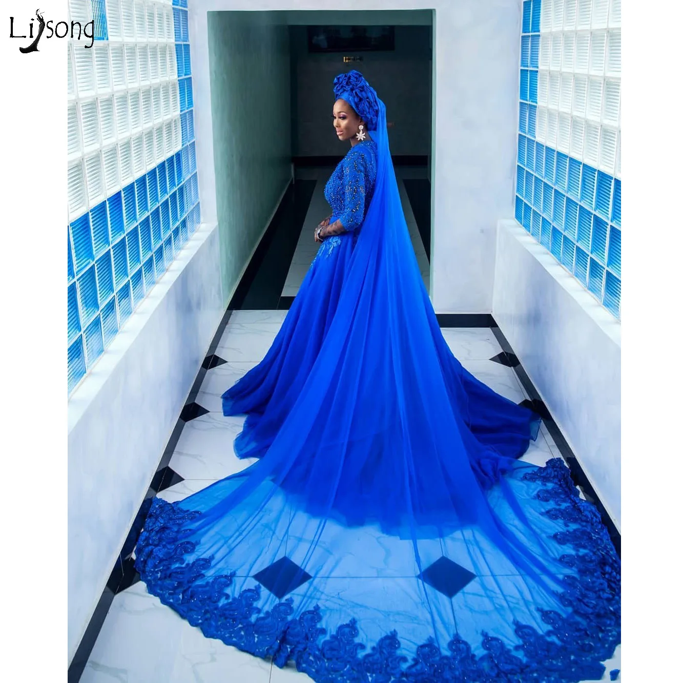 Afrikos Royal Blue Vestuvių Suknelės 2021Aso Ebi Nėrinių Zawalcowany-line Tiulio Vestuvinės Suknelės Su Nėriniais Šydas Kukli Vestuvinė Suknelė