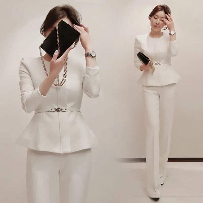 Naujas Atvyksta Moterų Kostiumas Pavasario Mados Dviejų Dalių Rinkinys Ilgomis Rankovėmis Palaidinė Ir Kelnės Elegantiškas Korėjos Office Lady Kelnės Kostiumas