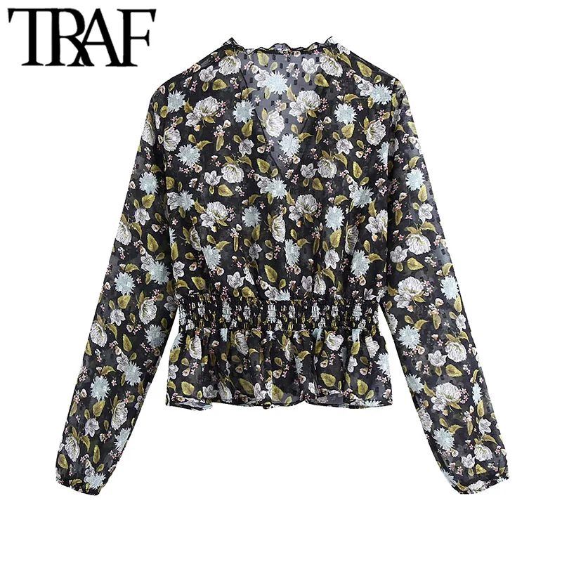 TRAF Moterų Mados Pusiau sheer Gėlių Spausdinti Susiėmę Palaidinės Derliaus ilgomis Rankovėmis Elastinga Juosmens Moterų Marškiniai, Elegantiškos Viršūnės