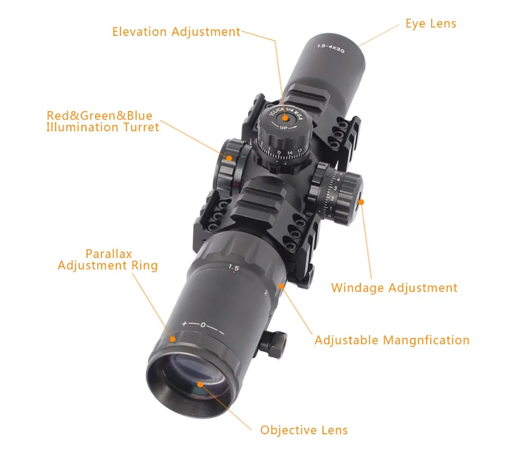 Spina Optika Tactical Rifle Apimtis 1.5-4X30 Mil-dot Akyse Medžioklės Riflescope Vandeniui su 20mm Picatinny Dual Rail