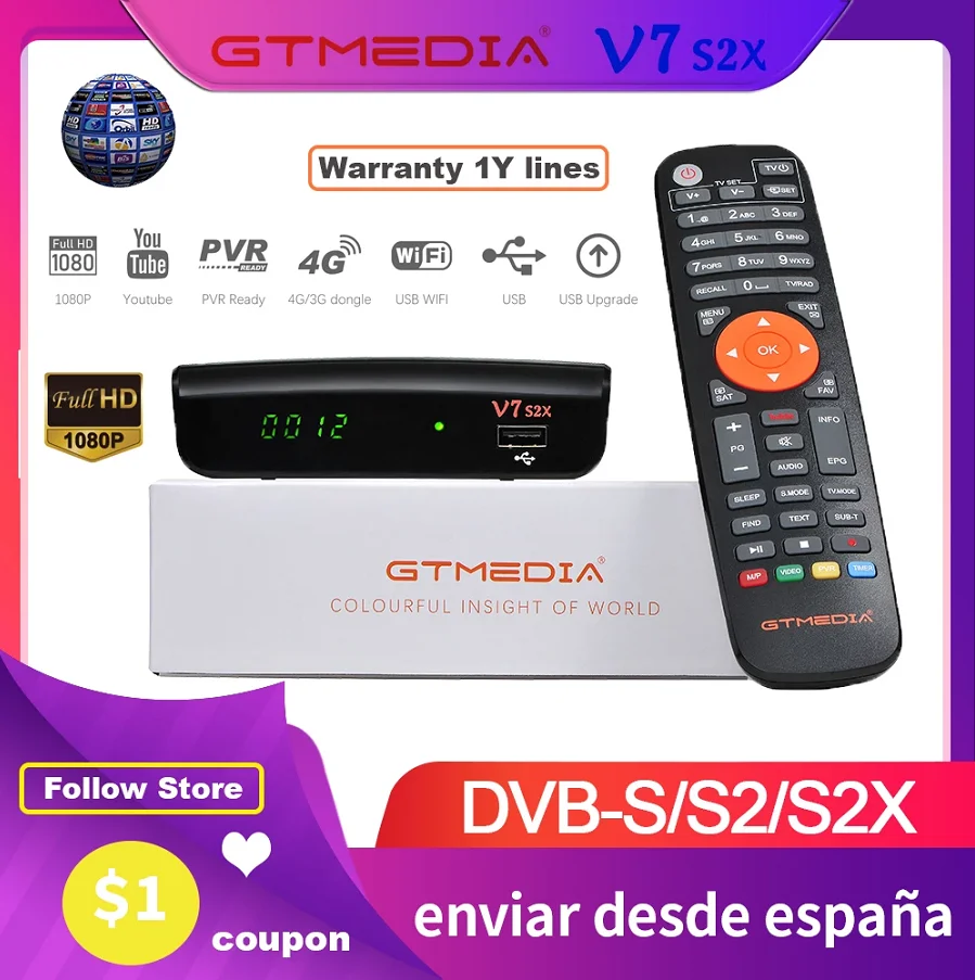 GTMedia V7S S2X HD palydovinis imtuvas 1080P HD DVB-S2 naujovinami iki GT Žiniasklaidos V7S yra USB dekoderis WiFi H. 265 be aplikac