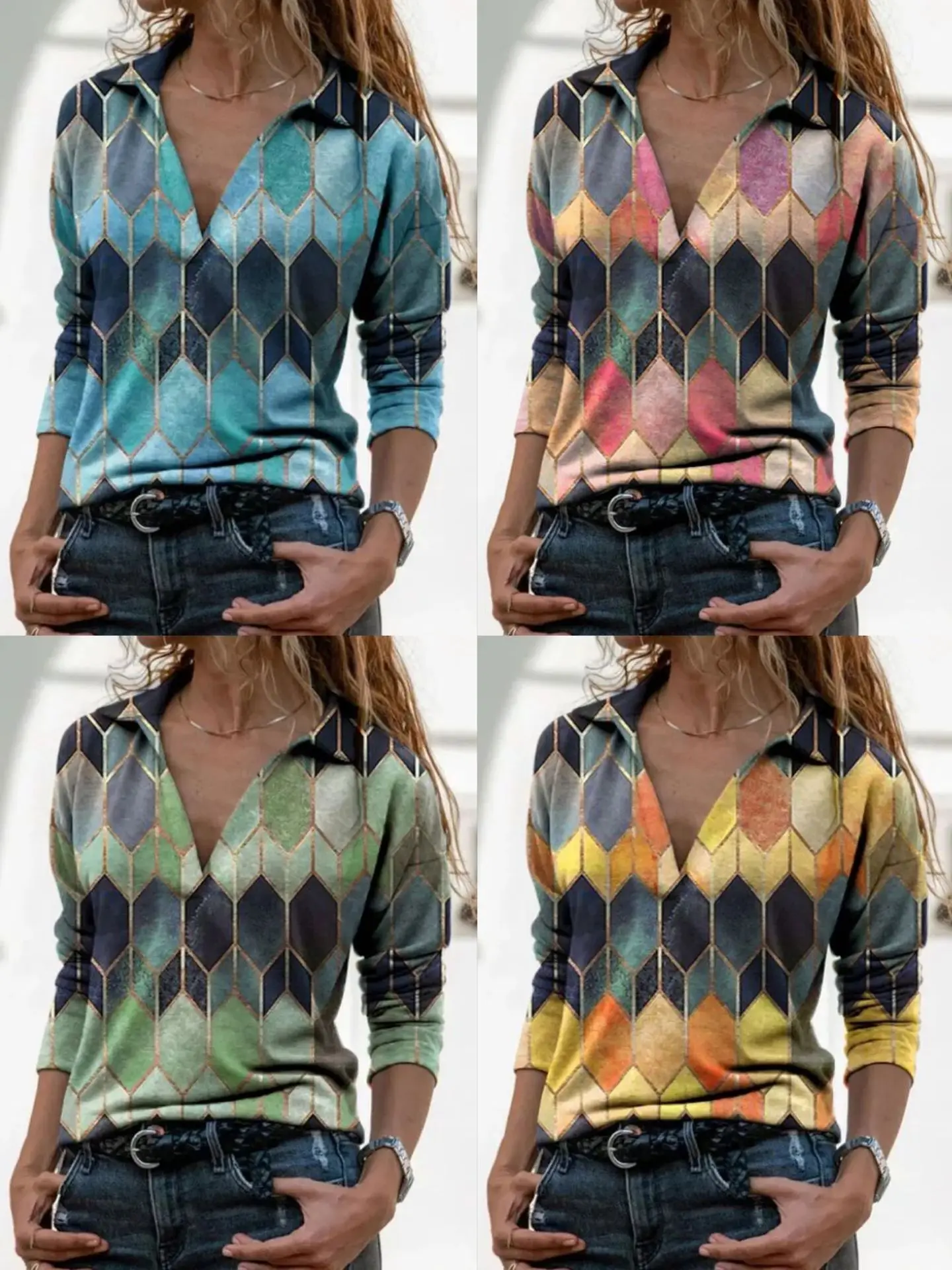 Donsignet Moteris Tshirts Pavasario/Rudens Atsitiktinis Mados Slim Montavimo V-kaklo Geometrinis Modelis Atvartas Long Sleeve T-shirt