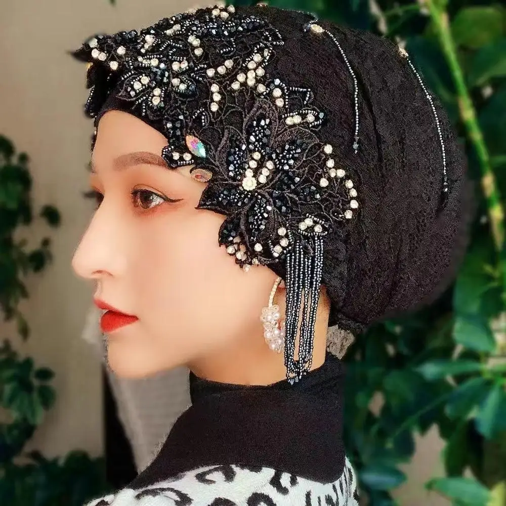 Prabangių vestuvių Musulmonų šalikas moterims duobute kutai hijab nėrinių kepurės