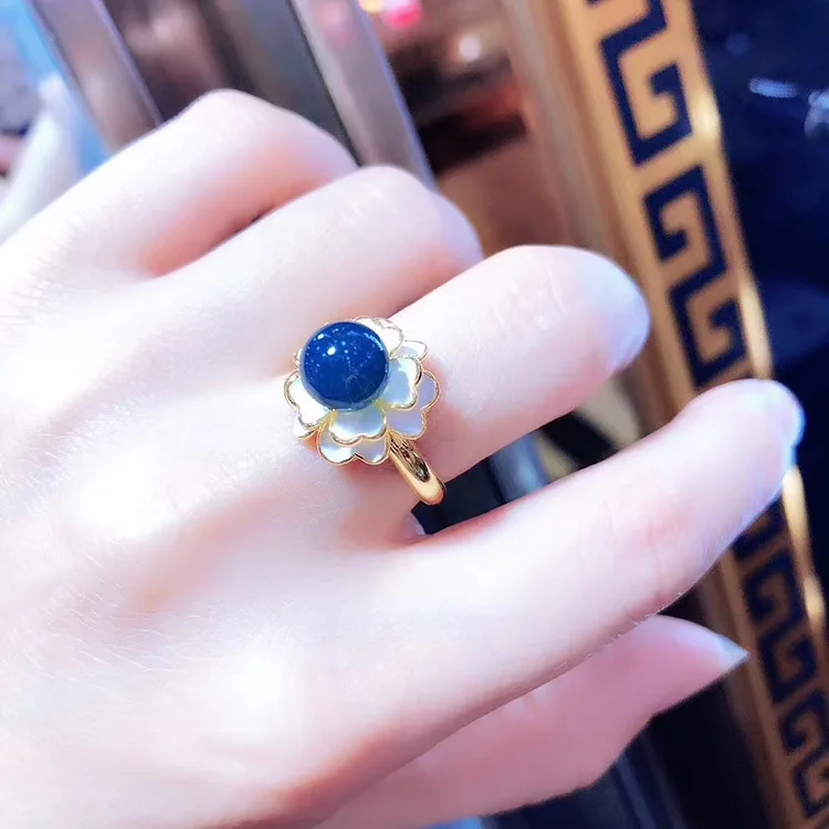 2020 Karšto pardavimo natūralus Meksika mėlynos spalvos gintaro žiedas su rožių aukso žiedas 925 sterlingas sidabro moterų žiedai