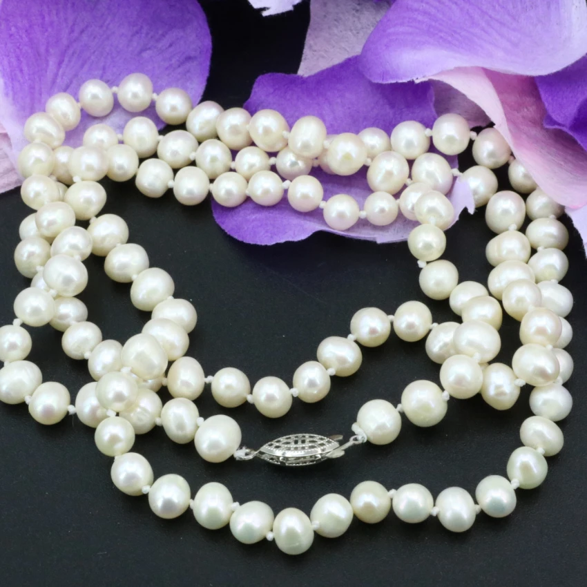Natūralių perlų 7-8mm perlai balti karoliukai moterų ilgos grandinės karoliai pakabukai, dovanos, didmeninės kainos papuošalai priėmimo 36inch B3239