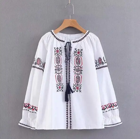 Bohemijos Jungiamąją iki kutas V kaklo Gėlių Siuvinėjimas, Marškinėliai ilgomis Rankovėmis Megztinis Palaidinė Viršūnes blusa chemise femme 2018 Moterys naujas