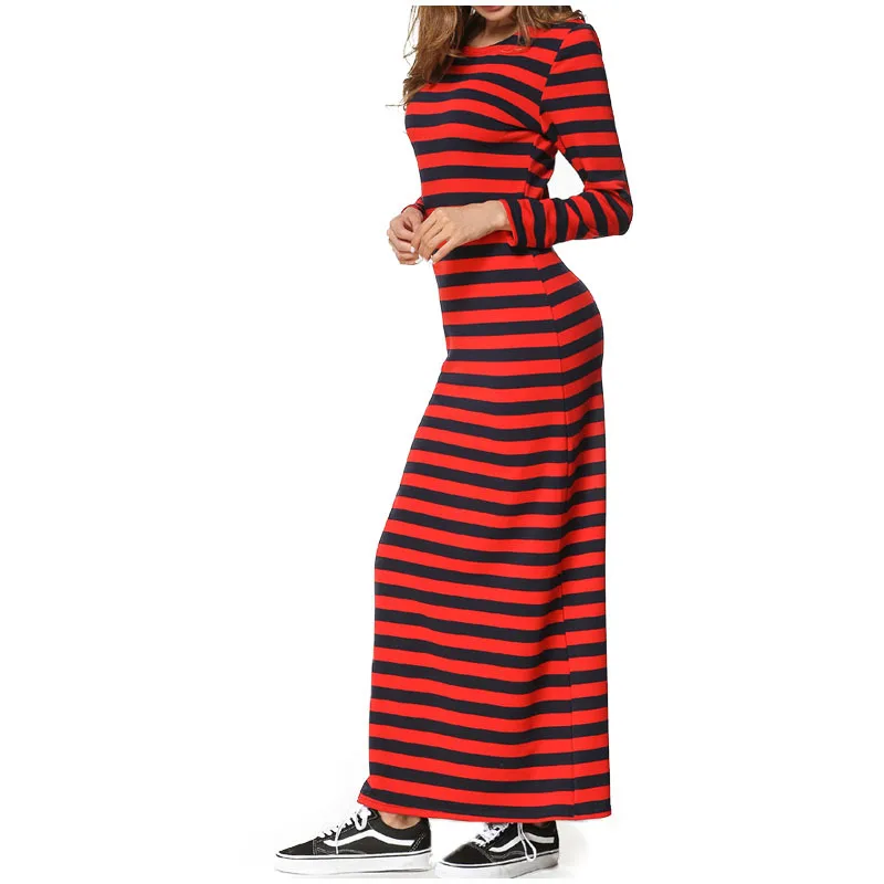 2020 m. Pavasarį Dryžuotas Ilgas Suknelė Moterims Atsitiktinis ilgomis Rankovėmis, O ant Kaklo Bodycon Moterų Suknelė Elegantiškas Plonas Outwear Maxi Suknelė Vestidos