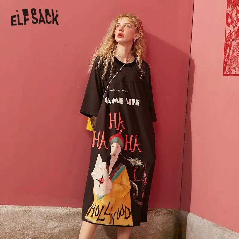 ELFSACK Juodas Originalus Grafinis Spausdinti Linija, Casual Dress Moterų 2020 M. Pavasarį Green New Pusė Rankovės korėjos Ponios Kasdien Suknelės
