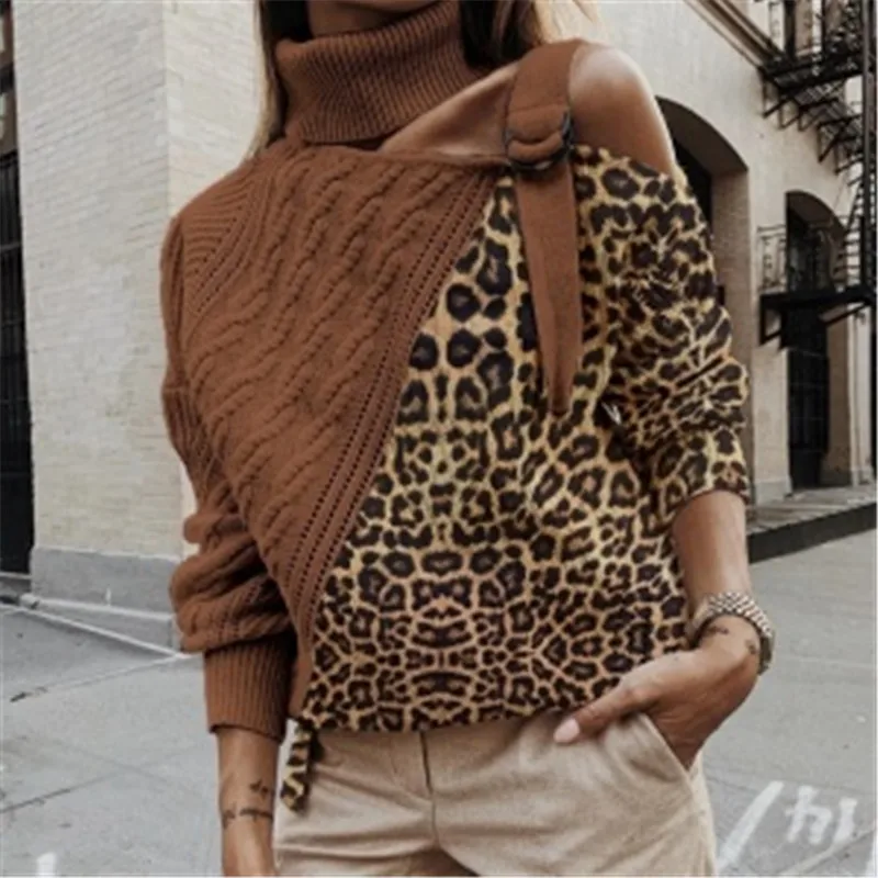 2020 Moterų Rudens-Žiemos Mados Leopard Golfo Megzti Megztinis Megztinis Dirželis Vieną Petį Megztinis ilgomis Rankovėmis Megztiniai