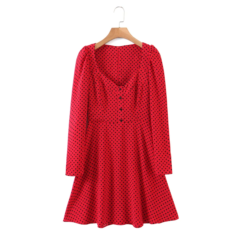 ZA 2020 Moterys Naujas Vasaros Watermark raudona Suknelė su V-Kaklo pobūdžio Dot spausdinti ilgomis rankovėmis mini suknelė, prašmatnus atsitiktinis palaidų Suknelė