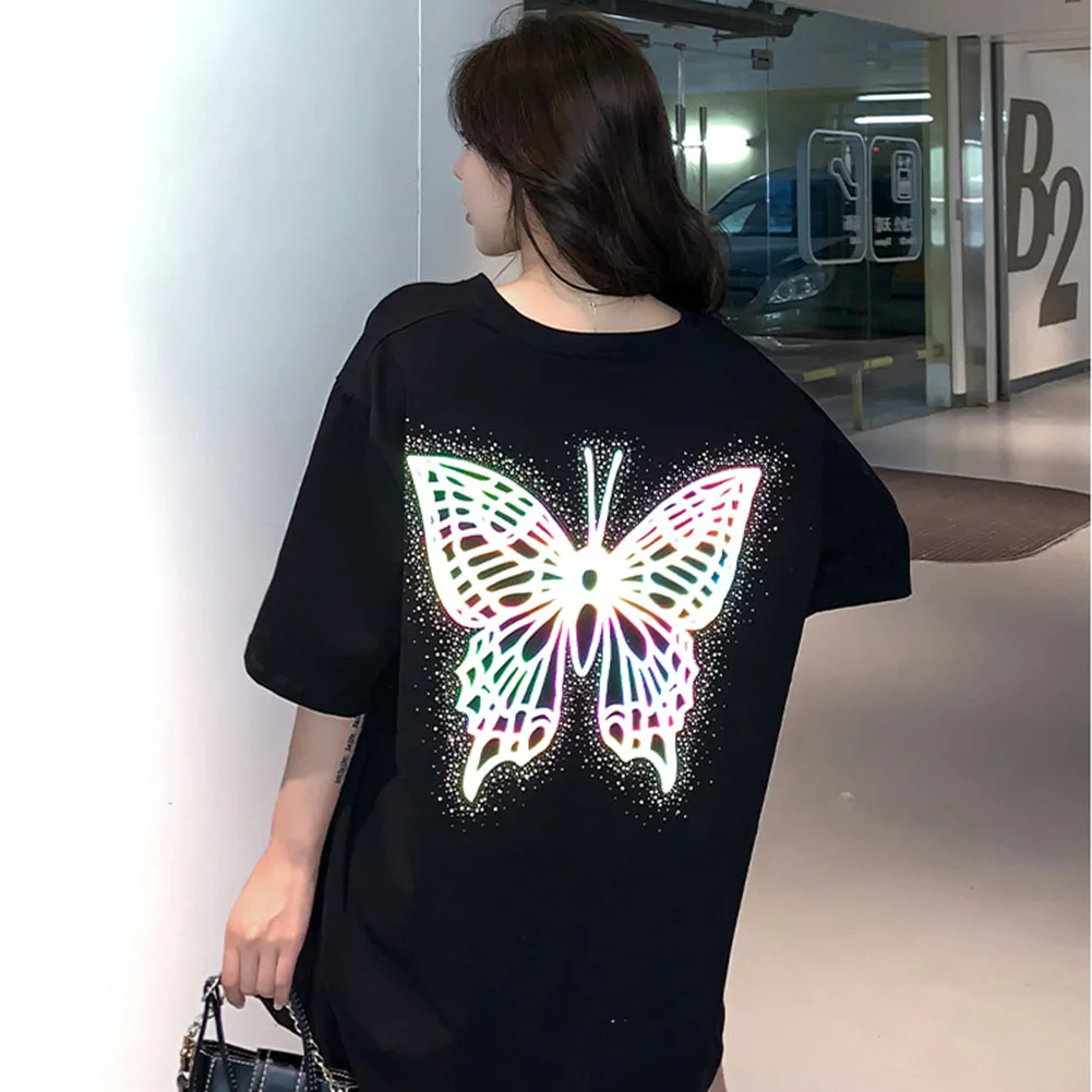 Spalvų šviesą Atspindinčios butterfly marškinėliai Moterims Su Deimantu, Balta ir Juoda Apkarpyti Viršūnes Y2K Harakuju Pora marškinėliai Ilgi Laisvi Plius Dydis