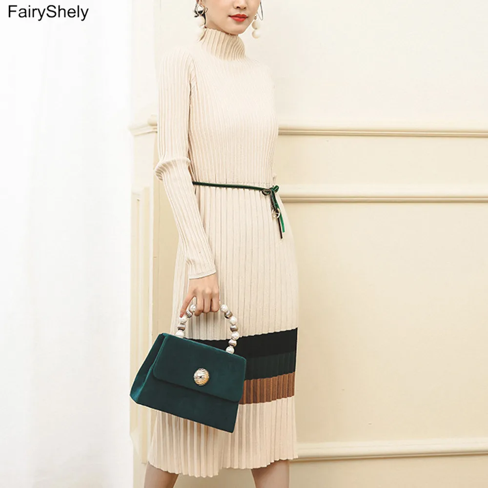 Fairyshely Korėjos Surišti Diržais Ilgai Golfo Megztinis Suknelė Moterų 2020 M. Rudens Žiemos Dryžuotas Vidurio Dress Lady Megztas Megztinis-Suknelė