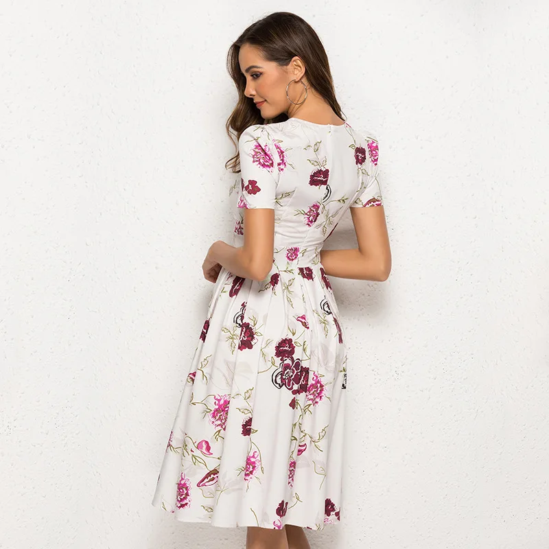 2020 Mados Derliaus Moterų trumpomis Rankovėmis Midi Suknelė Elegantiškas Gėlių Spausdinti-line Vestidos De Moterų Vasaros Atsitiktinis Suknelės