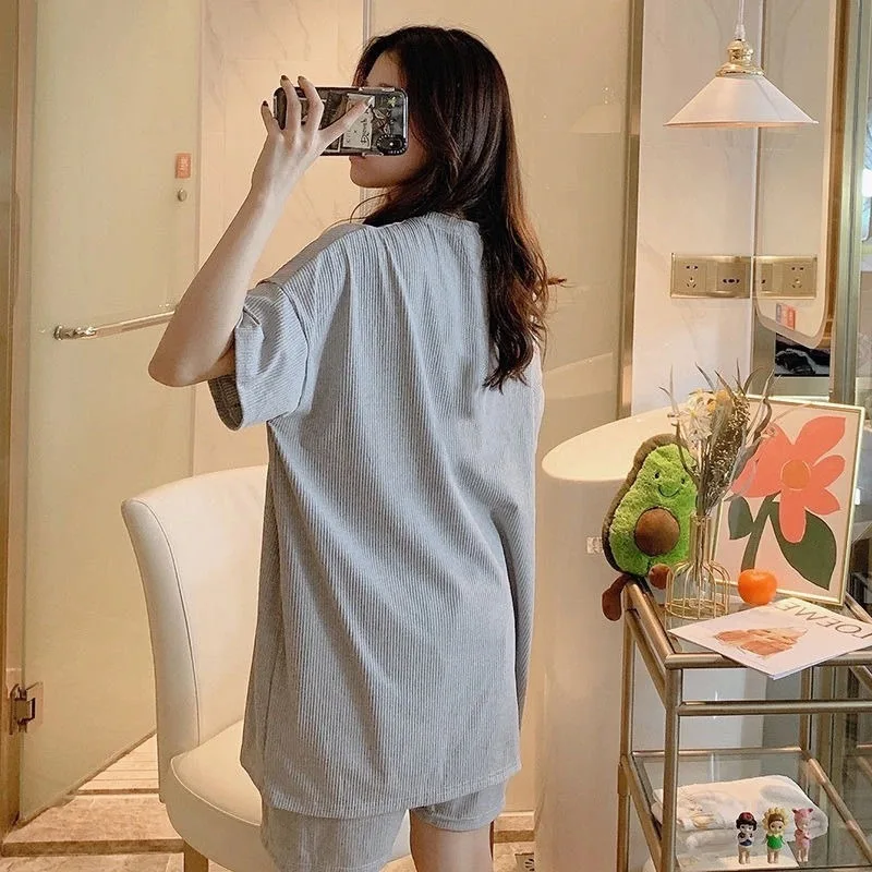 Pajama Komplektai Moterų Negabaritinių Vasaros Korėjos Kawaii Spausdinti Harajuku Minkštas Moterų Homewear Nėščia Mados Preppy Mergaičių Naktiniai Marškiniai, Pižamos Naujas