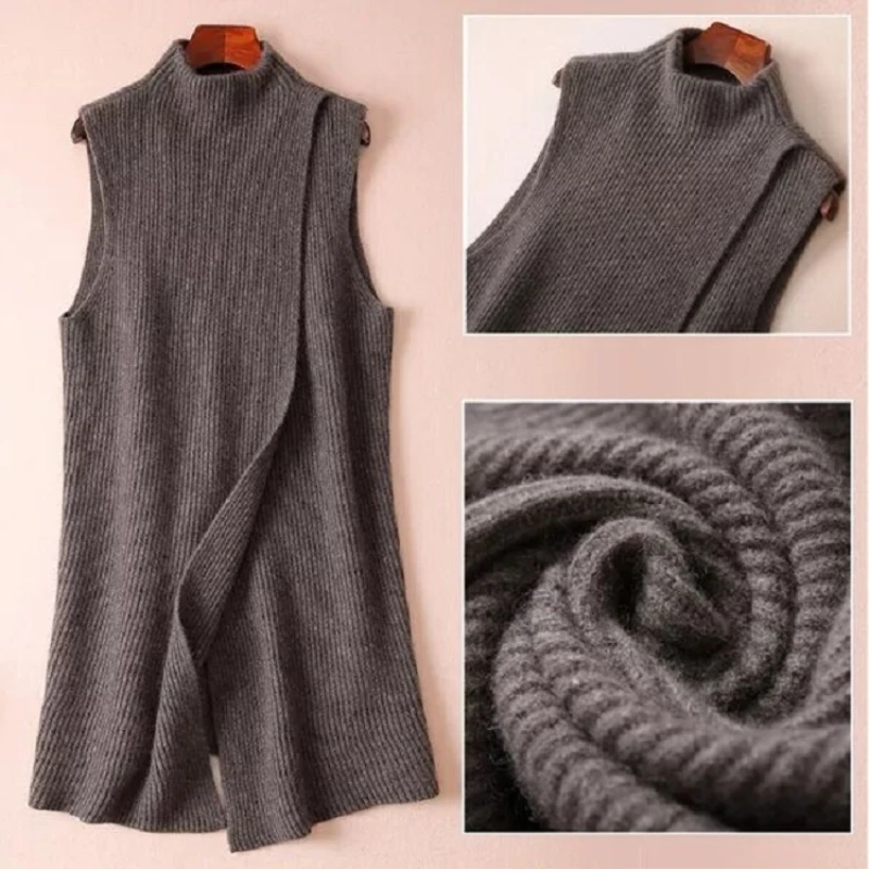 Rudenį ir žiemą naujas vientisos spalvos kašmyro megztinių striukė, liemenė, moterų ilgas skyriuje pusė-didelės apvalios kaklo vilnos megztinis be rankovių