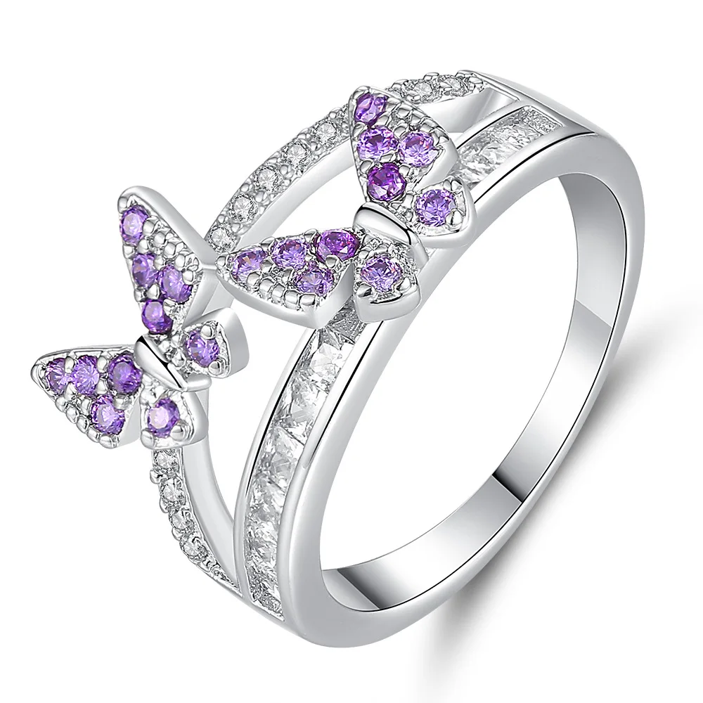 Prekės ženklo Dizainas Violetinė Kubinis Cirkonis Drugelis Žiedų Moterų Vestuvės Vestuvinis Sidabro Spalvos Valentino Dienos Dovanos Žiedas