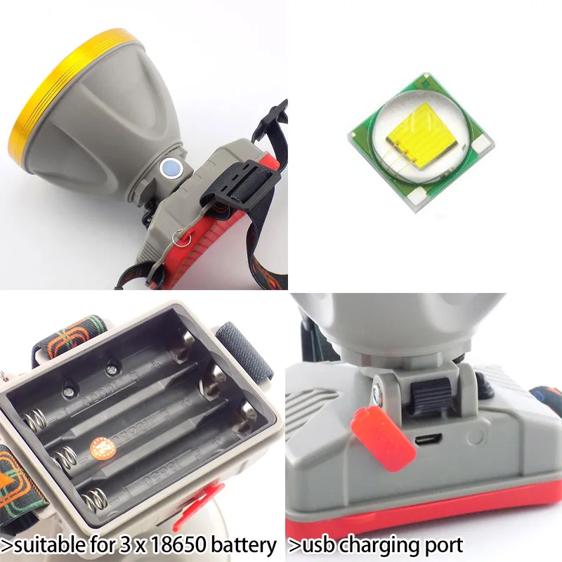 Didelės galios T6 LED žibintai priekinės žibintuvėlis USB didelis dydis Miner 3x 18650 hoofdlamp galvos šviesos Žibintus medžioklės kempingas