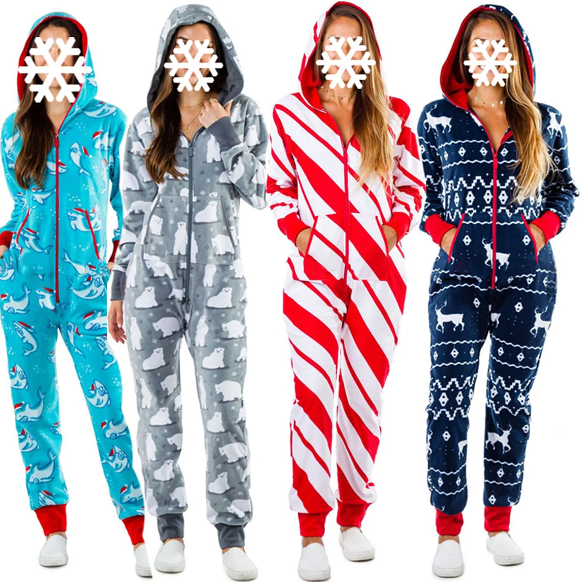 Moterų Kalėdų Vienos dalies Pižama su Gaubtu, Mielas Animacinių filmų Modelis Suaugusiųjų Jaukus Jumpsuits Homewear su Kišenėje