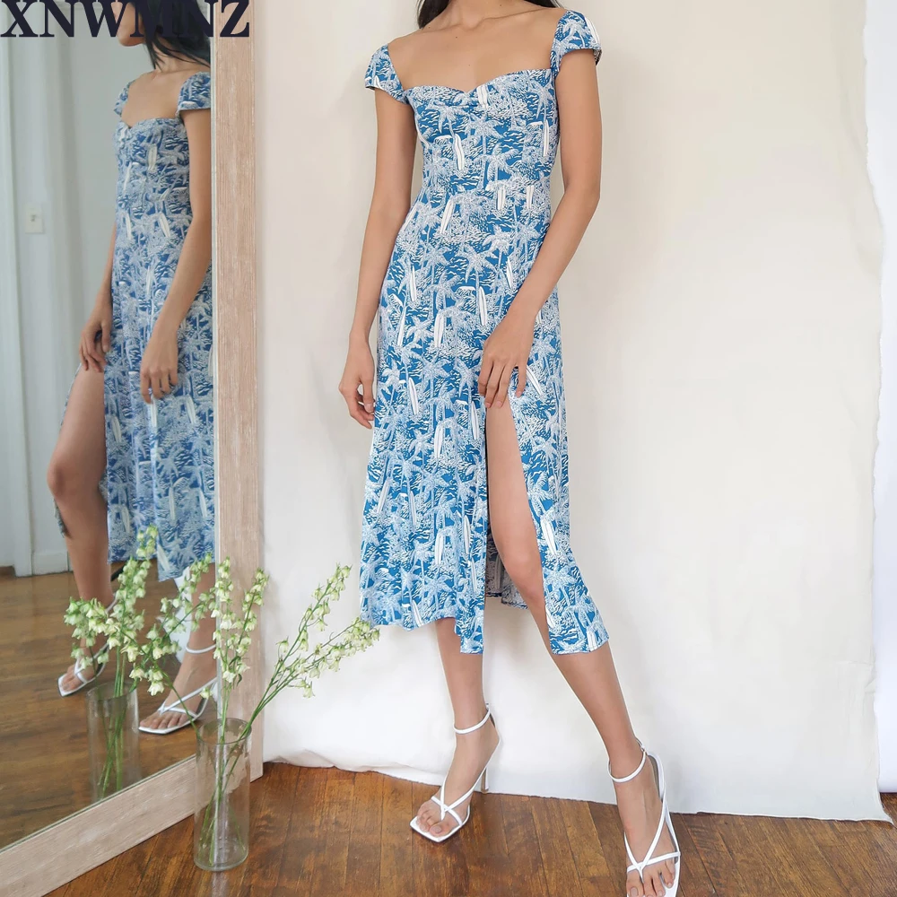 XNWMNZ za Seksualus Šifono Rankovių vestido Mados Padalinti Šalies moterų suknelė Vintage Blue Gėlių Spausdinti Vasaros Suknelė