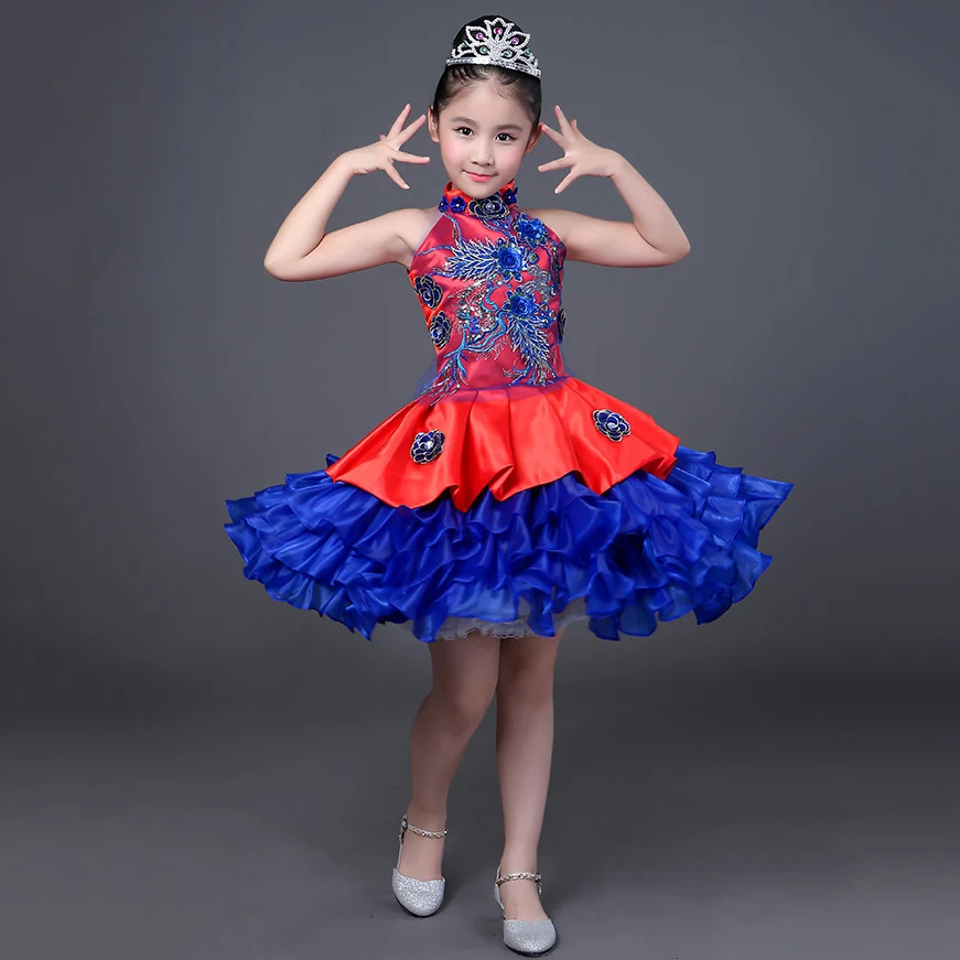Naujas Klostuotas Princesė Siuvinėjimo Vaikų Poilsio Suknelės Vaikams, Elegantiškas Raudona ir Mėlyna Satino Elegantiškas Šalis Suknelė Mergaitėms