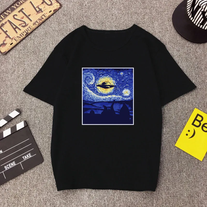 Žvaigždėtą Naktį Svetimų Van Gogh Grafinis Moterims, Juodos spalvos trumpomis Rankovėmis Tees Vintage marškinėliai Miesto Estetinį Harajuku Viršūnes Camiseta Mujer