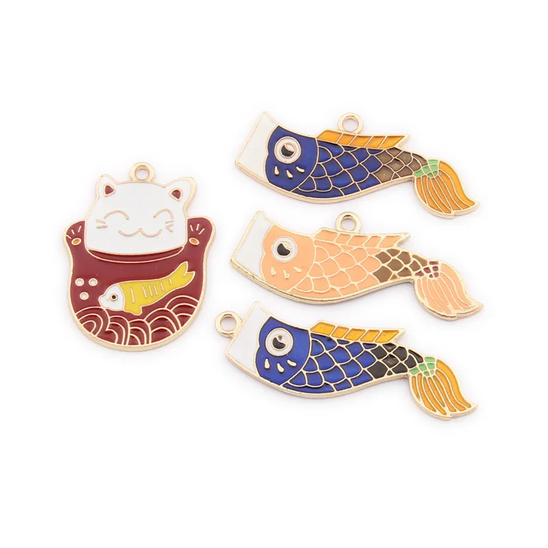 10vnt/Daug Cute Kačių, Žuvų Japonų Stiliaus Metalo Pakabukai 