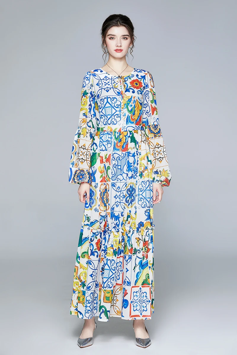Mados Lady Graži Ilga Suknelė 2020 Dizainerio Markės Dress Rudens Aukštosios Mados Sicilijos Stiliaus Žibintų Rankovės Šifono Suknelė