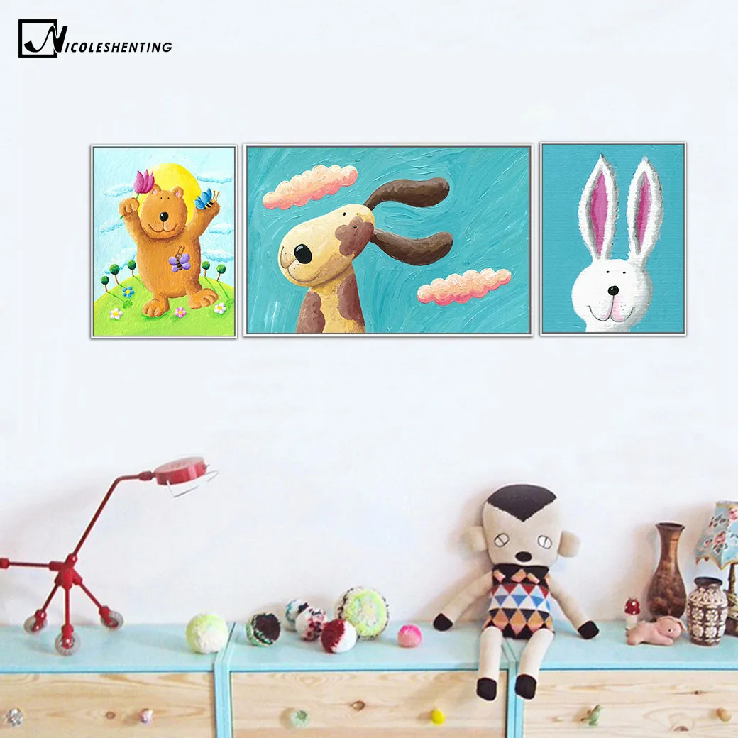 Vaikų Plakato Animacinių Filmų Gyvūnų Bear Rabbit Meno Tapybos Drobės Vaikų Darželio Sienos Nuotrauka Modernios Vaiko Kambarys Darželio Apdaila