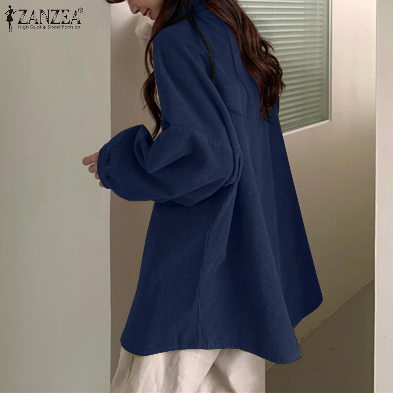 Plius Dydžio Elegantiškas Velvetas Marškiniai moteriškos Pavasario Palaidinė ZANZEA 2021 Atsitiktinis Žibintų Rankovės Blusas Moterų Atvartas Mygtuką Tunika Viršūnes
