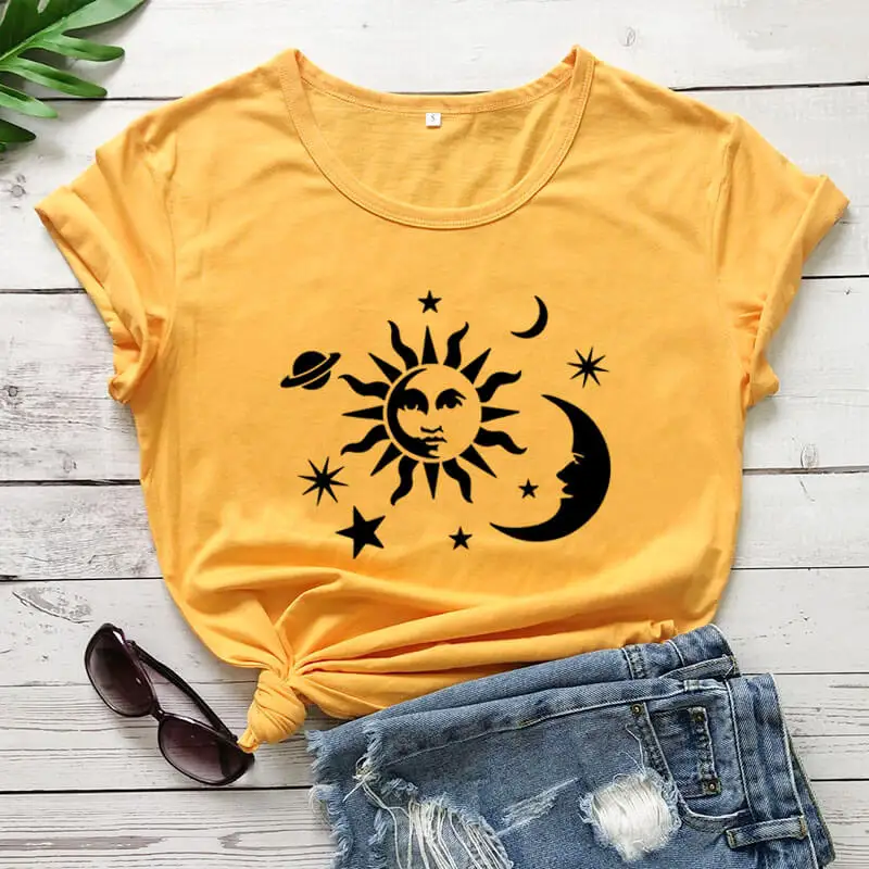 Sun Moon Star Planetos Grafinis Spausdinti Marškinėliai Naują Atvykimo Moterims Medvilnės, Juokingi Marškinėliai Pobūdžio Marškinėliai Mėnulis Marškinėliai