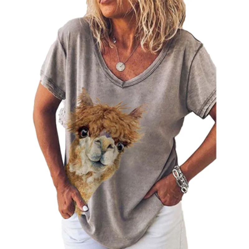 2021 m. vasarą karšto pardavimo alpaka gyvūnų spausdinti v-kaklo, trumpas rankovėmis megztinis moteriški marškinėliai