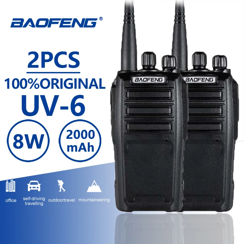 2vnt Baofeng UV-6 Walkie Talkie, 8w 2000mAh 128 CH UHF VHF Dual Band Du Būdu Radijo Woki Toki 10 KM, Policijos Įranga, Radijo Amador