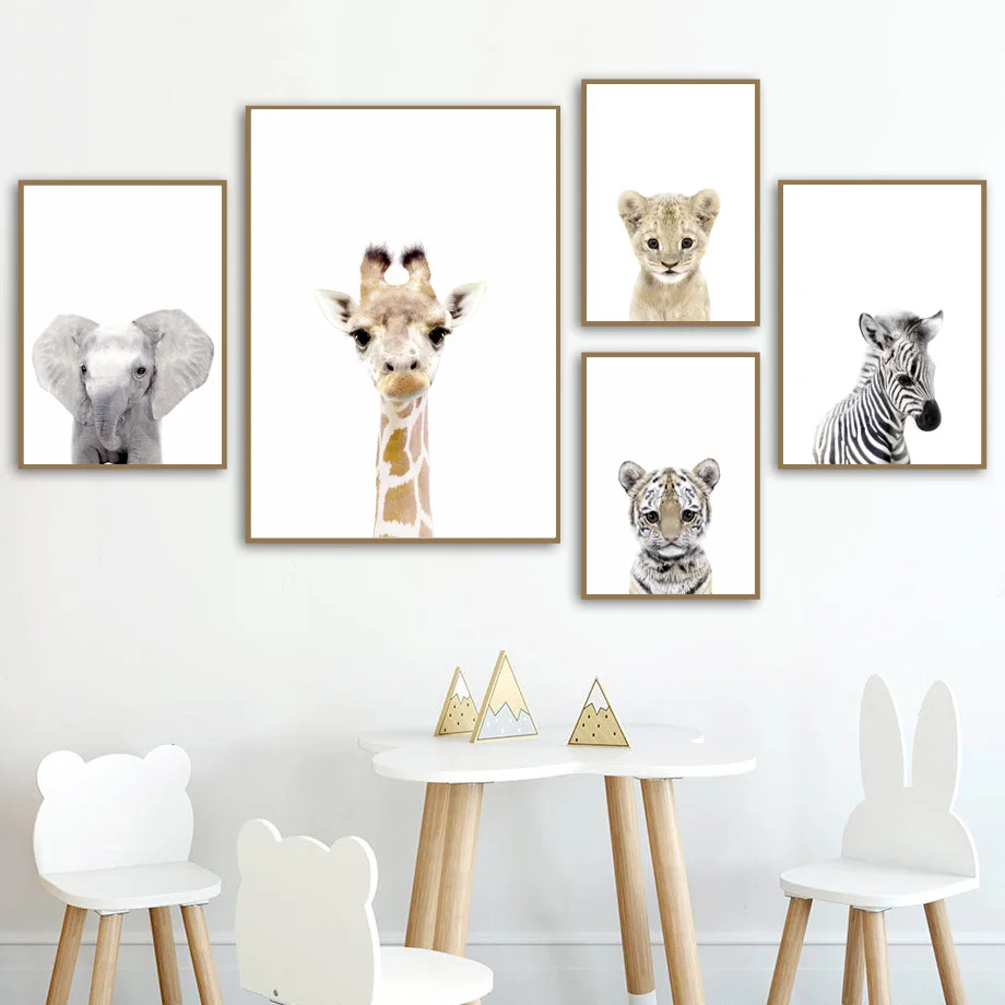 Žirafa, dramblys, liūtas, tigras, zebras vaikų Darželio Sienos Meno Tapybos Drobės Šiaurės Plakatai Ir Spausdina Sienos Nuotraukas Kūdikių Vaikai Kambario Dekoro