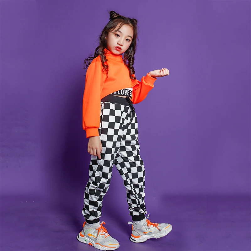 Nauja Vaikų Hip-Hop Jazz Šokio Kostiumai Orange Pasėlių Ilgomis Rankovėmis Kailis Jogger Kelnės Kostiumas Gatvės Šokių Būgno Etape Kostiumas