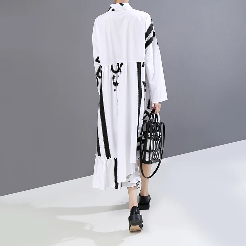 Naujų Moteris Atsitiktinis Streetwear Balti Marškinėliai Suknelė Ilgomis Rankovėmis Geometrinių Modelių Spausdinti Plius Dydžio Panele Midi Suknelė Stiliaus Skraiste 6509
